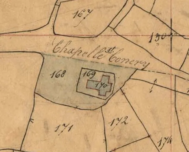 Extrait du cadastre ancien de la commune de Plougras, 1834 : la chapelle Saint-Gonéry - © Conseil général des Côtes-d'Armor
