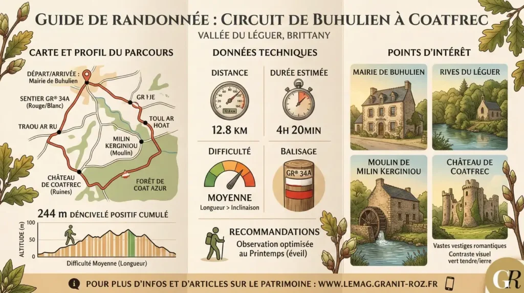 Guide de randonnée du circuit de Buhulien à Coaftrec dans la Valée du Léguer en Bretagne.