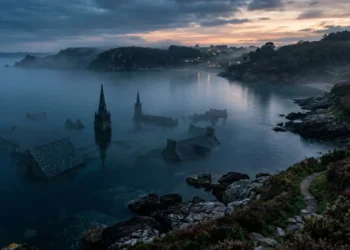 Illustration onirique de la Ville d'Ys engloutie sous les eaux bretonnes.