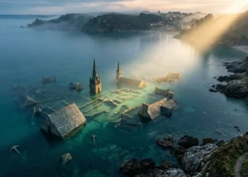 Illustration onirique de la Ville d'Ys engloutie sous les eaux bretonnes.