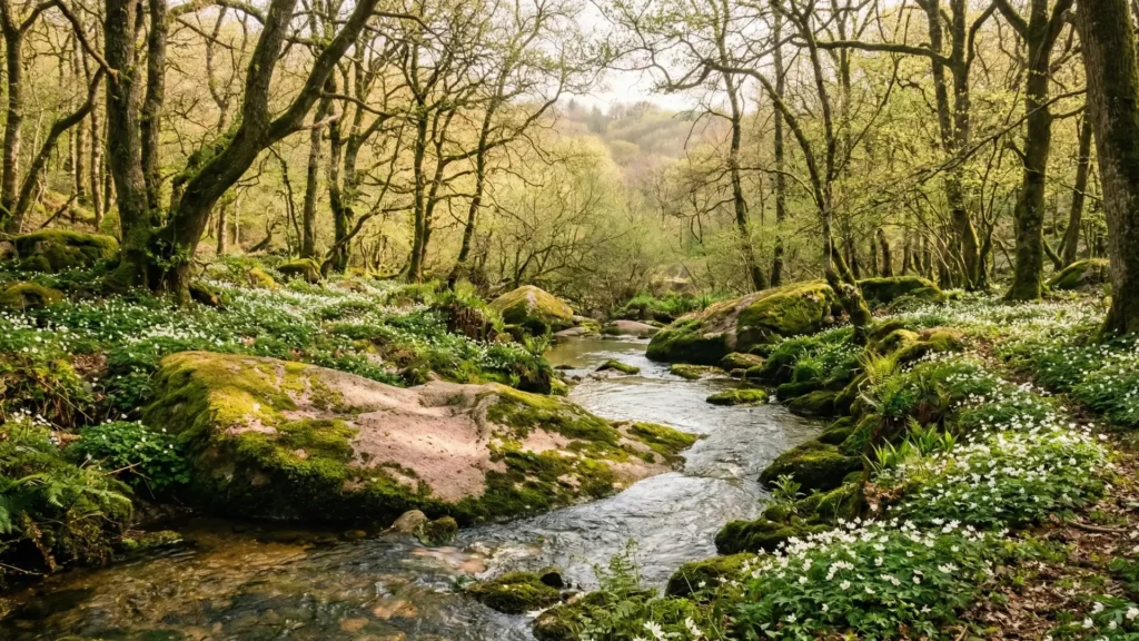 Douce lumière printanière éclairant les rochers de granit rose et l'eau cristalline de la rivière du Léguer dans le Trégor, entourée d'une forêt aux feuilles vert tendre.
