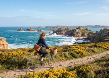 Cycliste admirant la mer depuis le sentier côtier fleuri d'ajoncs près du Gouffre de Plougrescant en Bretagne.