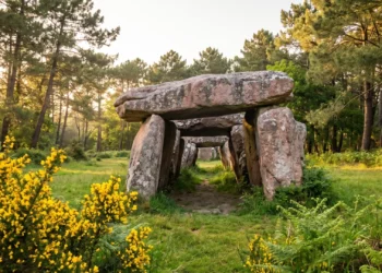 L'allée couverte de Kerguntuil en granit rose nichée dans un champ verdoyant à Trégastel au printemps.