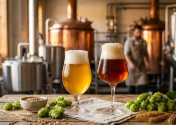 Dégustation dans une brasserie artisanale Perros-Guirec avec vue sur les cuves.