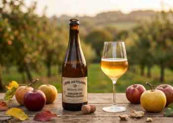 Dégustation d'un verre de cidre artisanal issu d'une cidrerie Perros-Guirec avec des pommes fraîches.