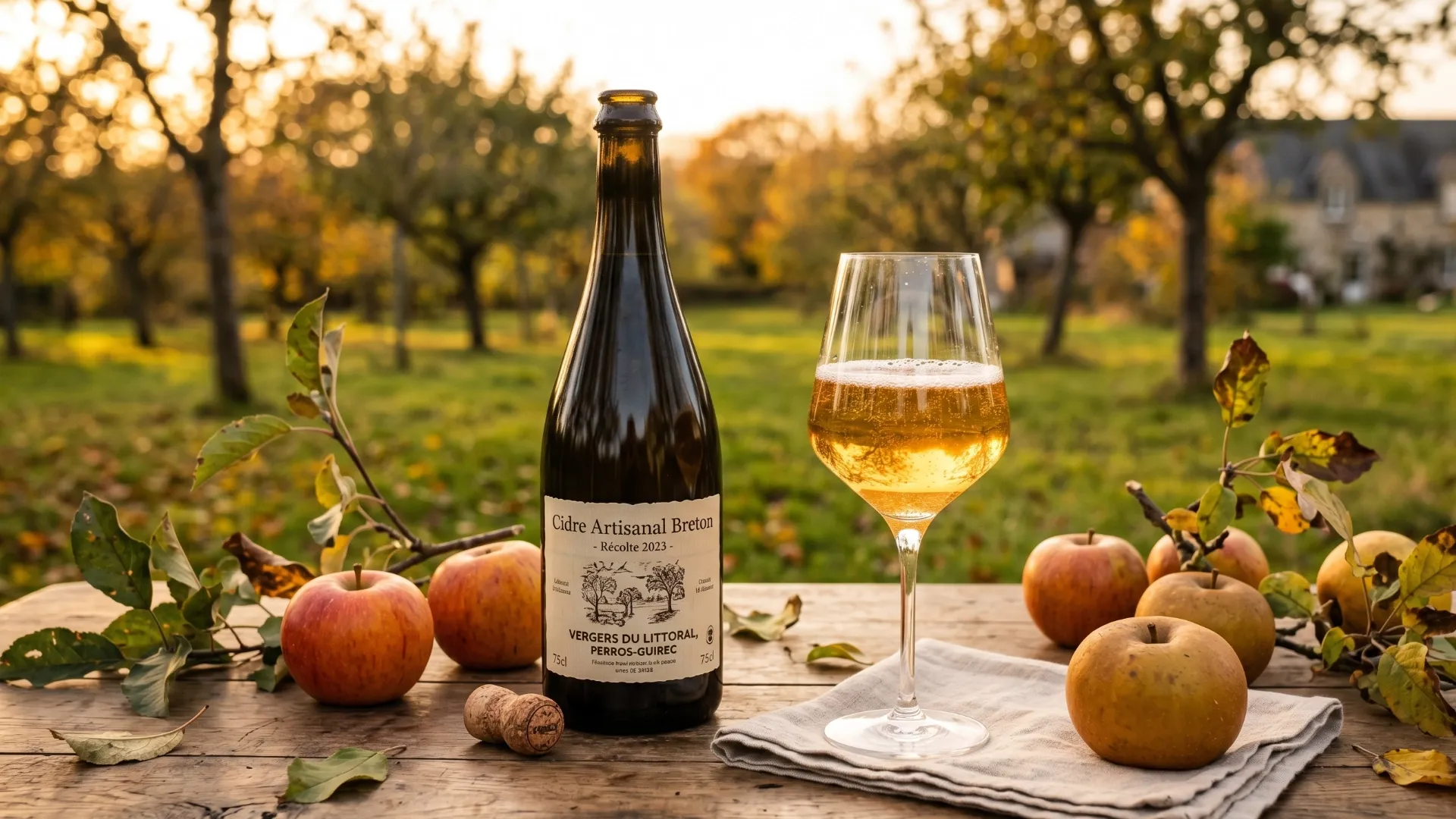 Dégustation d'un verre de cidre artisanal issu d'une cidrerie Perros-Guirec avec des pommes fraîches