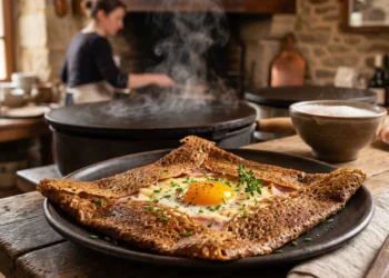 Galette bretonne traditionnelle en cours de cuisson sur un billig dans une crêperie Côte de Granit Rose.