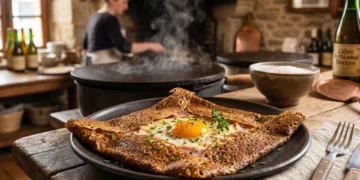 Galette bretonne traditionnelle en cours de cuisson sur un billig dans une crêperie Côte de Granit Rose.