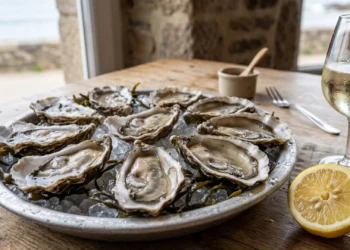 Plateau d'huîtres fraîches ouvertes pour une dégustation chez le producteur.