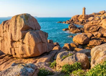 Les immenses rochers de granit rose de Ploumanac'h à Perros-Guirec éclairés par le soleil printanier.