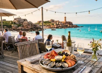 Terrasse de restaurant bord de mer Perros-Guirec avec vue sur les vagues et le sable.