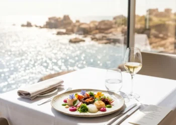 Assiette dressée dans un restaurant gastronomique Côte de Granit Rose avec vue.