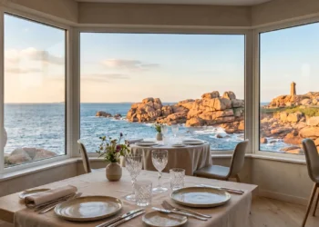 Table dressée dans un restaurant gastronomique avec vue panoramique sur l'océan et les rochers de la Côte de Granit Rose à Perros-Guirec.