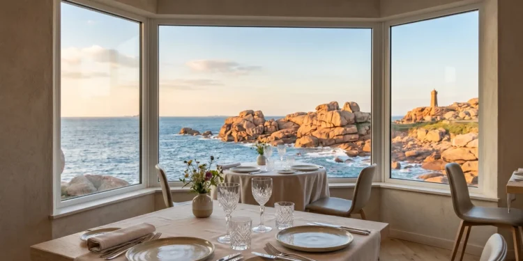 Table dressée dans un restaurant gastronomique avec vue panoramique sur l'océan et les rochers de la Côte de Granit Rose à Perros-Guirec.