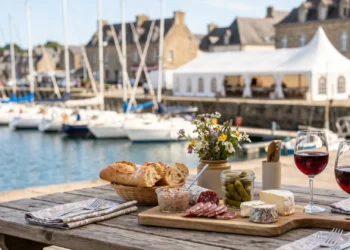 Deux verres de vin rouge et des produits du terroir posés sur une table en bois avec vue sur le port de plaisance de Perros-Guirec en Bretagne.